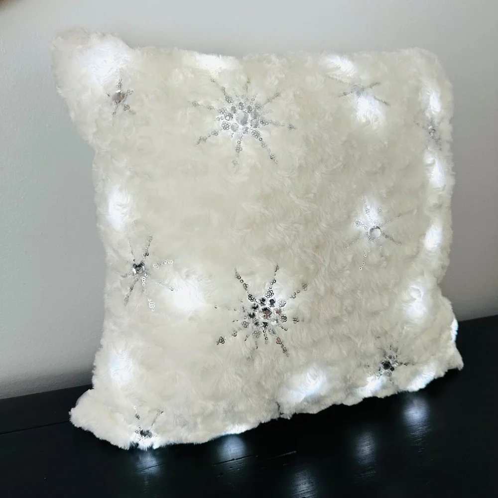 Pier 1 Imports Throw Pillow Light Up Off White Faux Fur Snowflake 16x16 Jewels